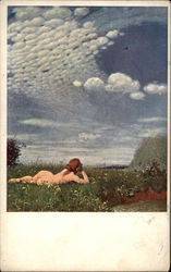 Nude Woman Reclining in Meadow under Blue Sky Women Postcard Postcard