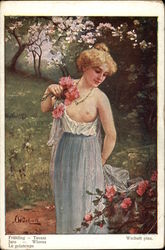 "Spring" - Partially Nude Woman Carrying Flowers in a Garden Postcard