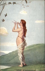 "Spring" - Partially Nude Woman playing Flutes to Birds Postcard