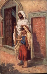 "The Blind and the Child" - Man & Girl in Arabic Clothing Postcard