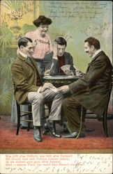 Men Playing Cards with a Woman watching Postcard