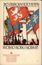 Group of Soldiers holding up Flags and Helmets Postcard Postcard