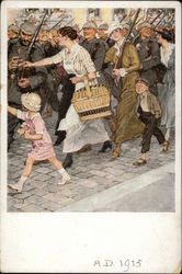 A Woman and Kids Handing Food to Military Postcard Postcard