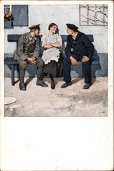 Woman Sitting on Bench with Two Military Men Postcard