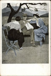 Two Woman on Park Bench with Injured Man in Uniform Postcard