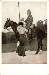 Woman & Child standing beside Military Man on Horseback Postcard