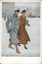 Man and Woman Walking in the Snow Couples Postcard Postcard