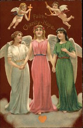 "Faith, Charity, Hope" - Three Angels with Two Cherubs Postcard Postcard