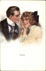 Man and Woman Smile at Each Other--Teasing Couples Postcard Postcard