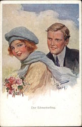 Man and Woman with flowers Couples Postcard Postcard