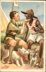 Boy Scouts Sharing Food with Dog & Cat looking On Postcard