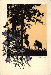 Silhouette of Children PIcking Flowers and Climbing a Tree Postcard