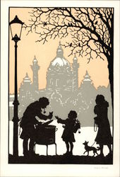 Silhouette of Woman & Child with Dog Buying from a Food Vendor Silhouettes Postcard Postcard