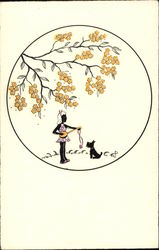 Little Girl with Stringed Instrument & Dog under Branch of Yellow Blooms Silhouettes Postcard Postcard