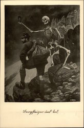 Miner and skeleton looking across in a landscape. Postcard