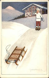 Little Boy Cries as Sled Slides Down the Hill Without Him Postcard Postcard