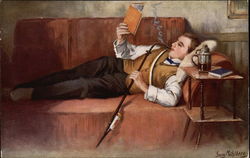 Man Reclining on Couch Reading a Book & Smoking Men Postcard Postcard