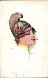 Woman with a Helmet Smoking Postcard