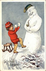 Christmas Scene with Boy in Red & Large Snowman Postcard