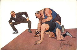 Wrestling Match Cartoon Postcard