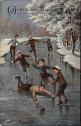 Boys Skating and Falling on the Ice Postcard