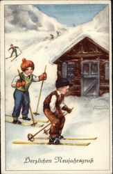 Children Skiing Postcard