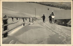 Skiers at a Lodge Skiing Postcard Postcard