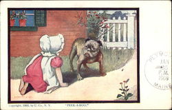 "Peek-A-Boo" - Child in Sunbonnet Playing with Bulldog Postcard