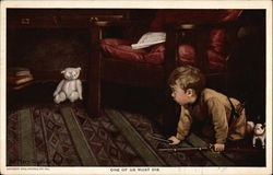 Boy Playing at Soldiers with his Teddy Bear Postcard