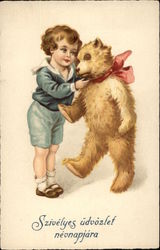 Boy in Blue with Large Teddy Bear Postcard