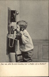 Young Boy Standing in a Chair Talking on the Telephone Telephones Postcard Postcard