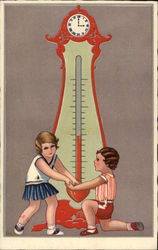 A Girl and Boy in Front of a Love Meter Clock Children Postcard Postcard