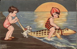 Two little girls,a girl riding on a crocodile in water and a pup Postcard