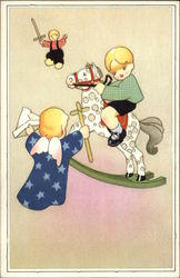 Children Playing with Wood Swords and Rocking Horse Postcard Postcard