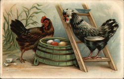 Two Chickens with Colored Eggs on Green Barrel Postcard