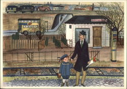 Drawing of Man & Child at the Train Depot Postcard