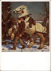 Boy Leading Large White Horse in the Snow Postcard