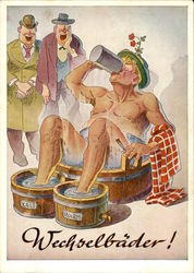 Man drinking while bathing his body & feet in barrels Postcard Postcard