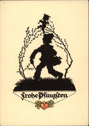 Silhouette of Young Boy, Grass & Bushes with Cherub Postcard