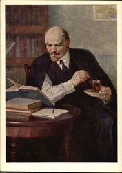 Vladimir Lenin Reading While Drinking Tea Postcard