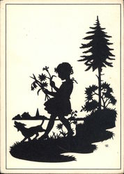 Silhouette of Little Girl Holding Flowers Walking in the Woods With Her Dog Postcard