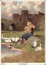 "The Goose Girl" - Seated on Rock outside of Castle Postcard