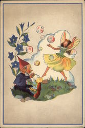 Fairy & Gnome Blowing Bubbles Fantasy Postcard Postcard