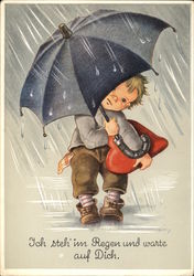 "I Stand in the Rain and Wait for You" - Child with Umbrella & Red Heart Children Postcard Postcard