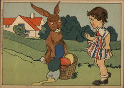 Easter Bunny & Girl with Broken Eggs in a Basket Postcard