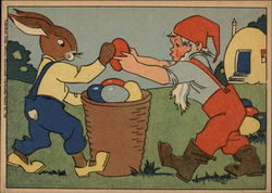 Easter Bunny & Gnome Loading Eggs into Basket Postcard Postcard