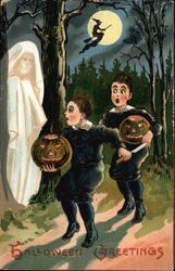 Boys with Jack O' Lanterns and Ghost Halloween Postcard Postcard