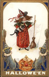 Witch with Black Cat and Broomstick Postcard