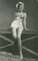 Woman in Sailors Hat, Striped Top and White Shorts Swimsuits & Pinup Arcade Card Arcade Card Arcade Card