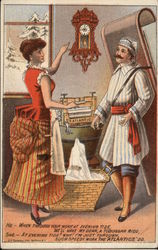 Woman Pointing at Clock, Talking to Man near Wringer Washer Trade Cards Trade Card Trade Card Trade Card